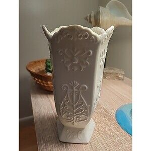 Vintage Pentagon Shaped Ivory Colored Embossed Ceramic Vase